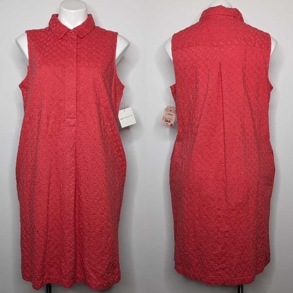 NWT Liz Claiborne salmon red eyelet lace sleeveless collared 100% cotton dress L